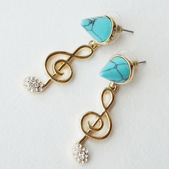 Jewelry - NEW Turquoise Crystal Music Treble Clef Earrings